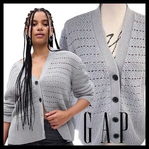 GAP Medium Grey Cotton Pointelle Button Front Split Hem Cardigan Sweater (SP)